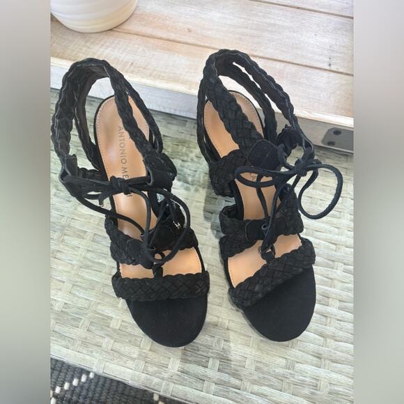 ANTONIO MELANI Black Suede Braided Lace-Up Sandals Heels Size 6. - Picture 2 of 10